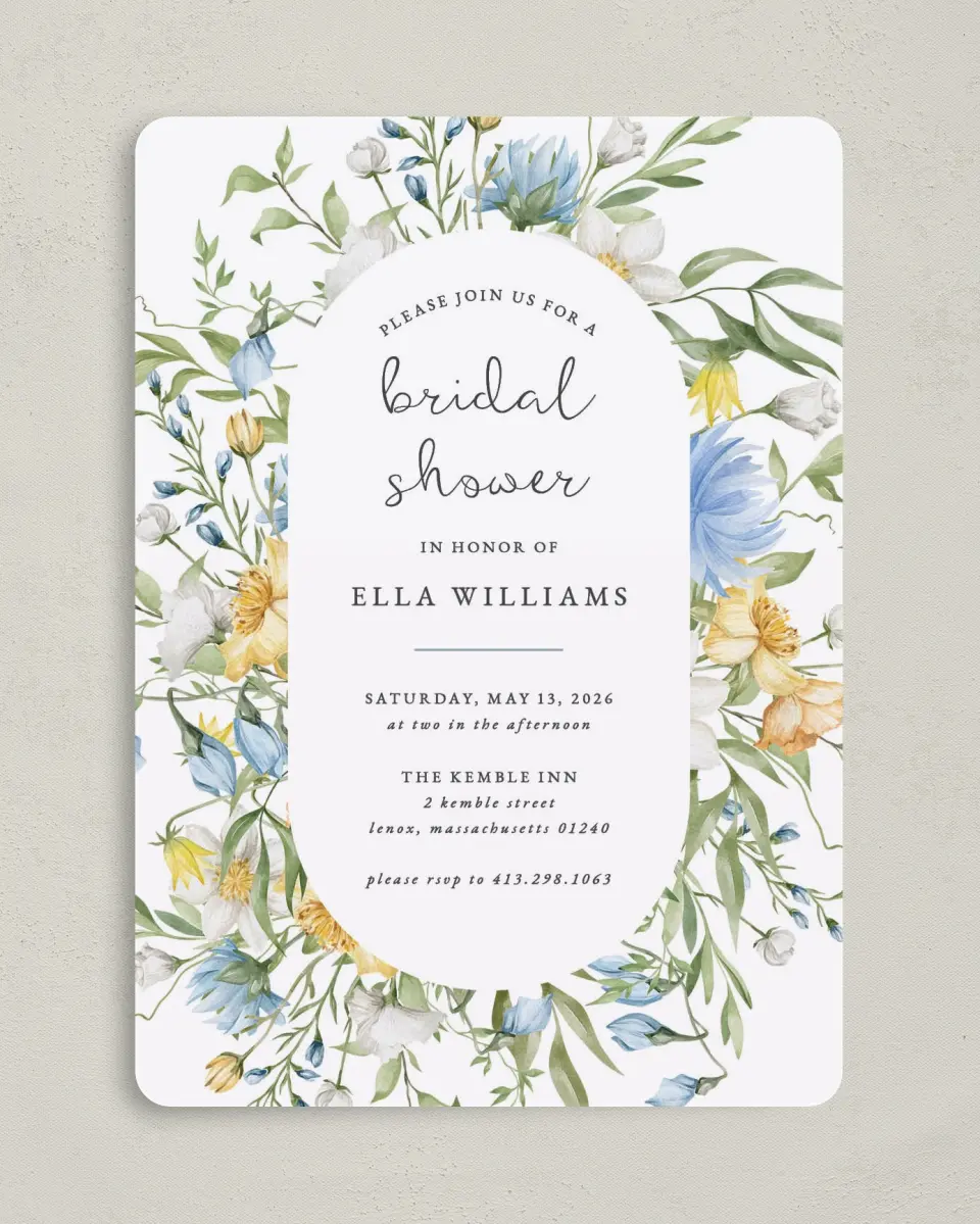 This is a 5" x 7" Bridal Shower Invitation called Garden Party printed in full color with Rose Gold foil on Luxe Satin (coated) paper