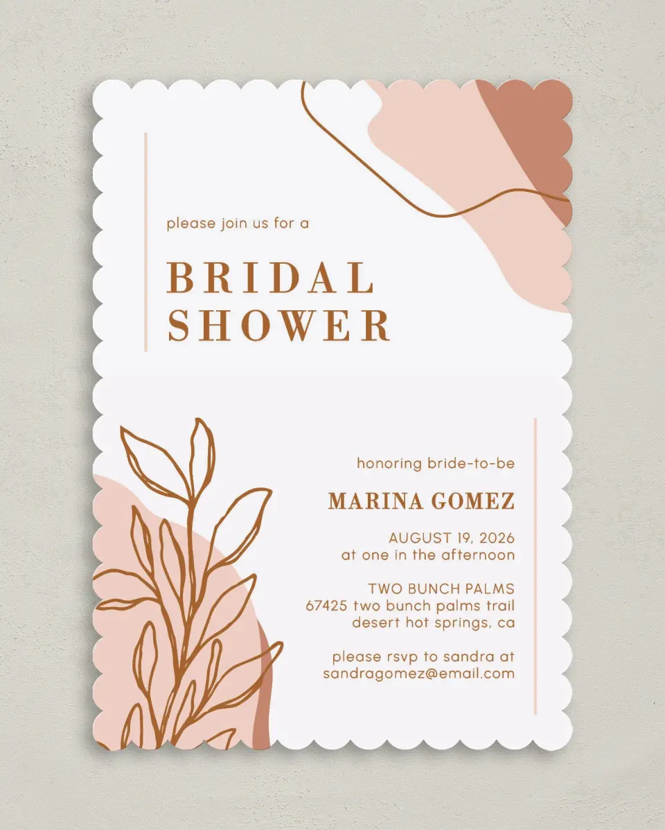 This is a 5" x 7" Bridal Shower Invitation called Contemporary Miss printed in full color with Rose Gold foil on Luxe Satin (coated) paper
