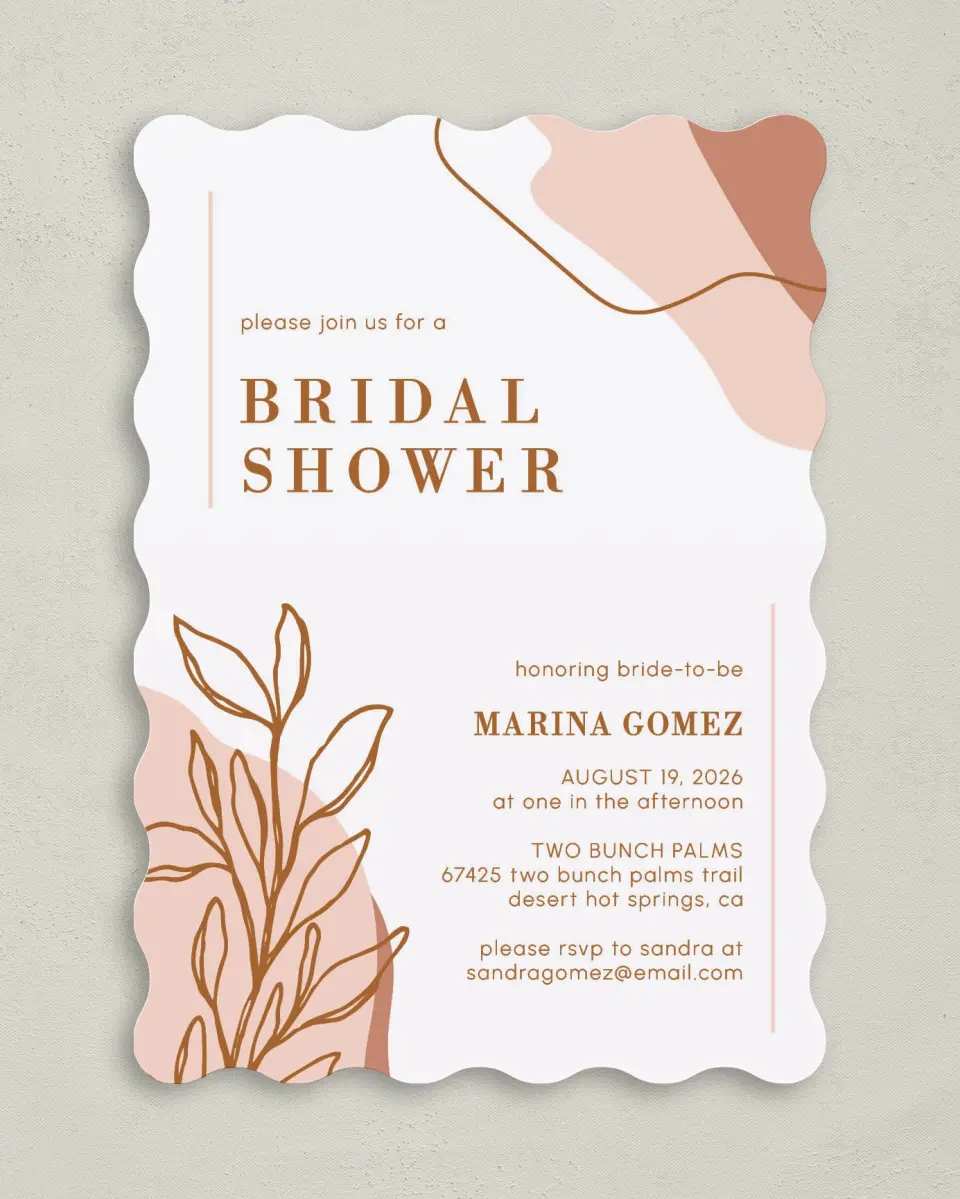 This is a 5" x 7" Bridal Shower Invitation called Contemporary Miss printed in full color with Rose Gold foil on Luxe Satin (coated) paper