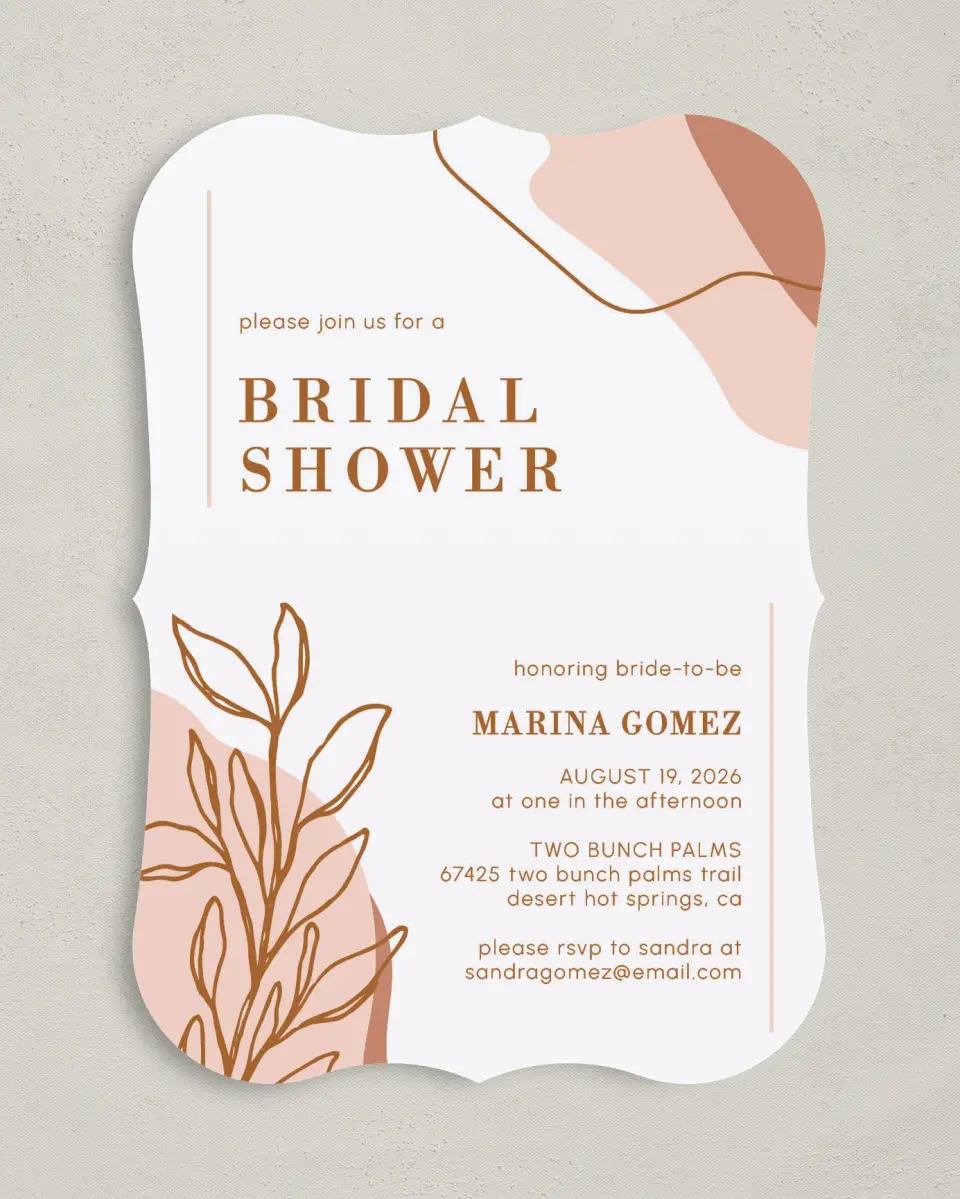This is a 5" x 7" Bridal Shower Invitation called Contemporary Miss printed in full color with Rose Gold foil on Luxe Satin (coated) paper
