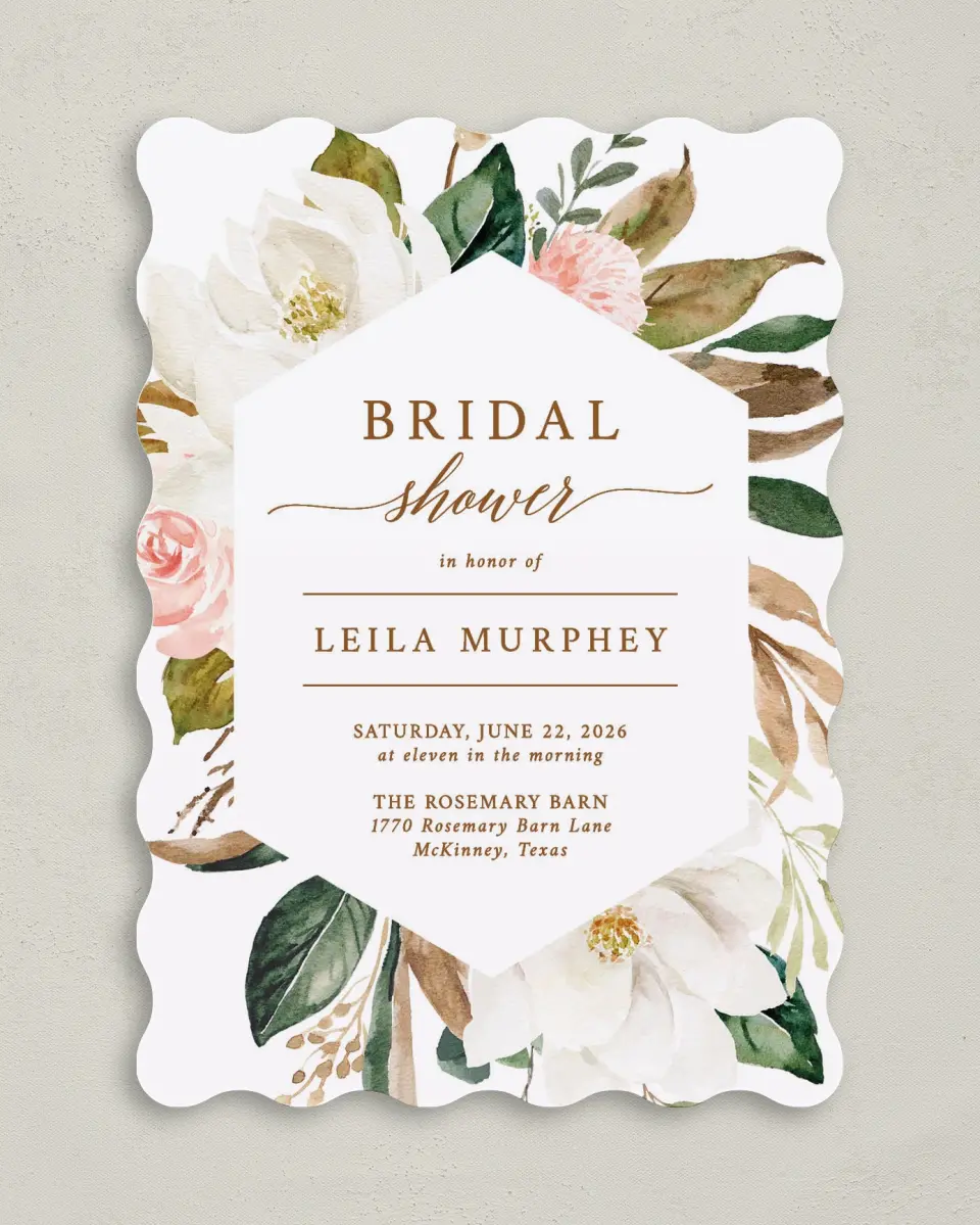 This is a 5" x 7" Bridal Shower Invitation called Lovely Magnolia printed in full color with Rose Gold foil on Luxe Satin (coated) paper