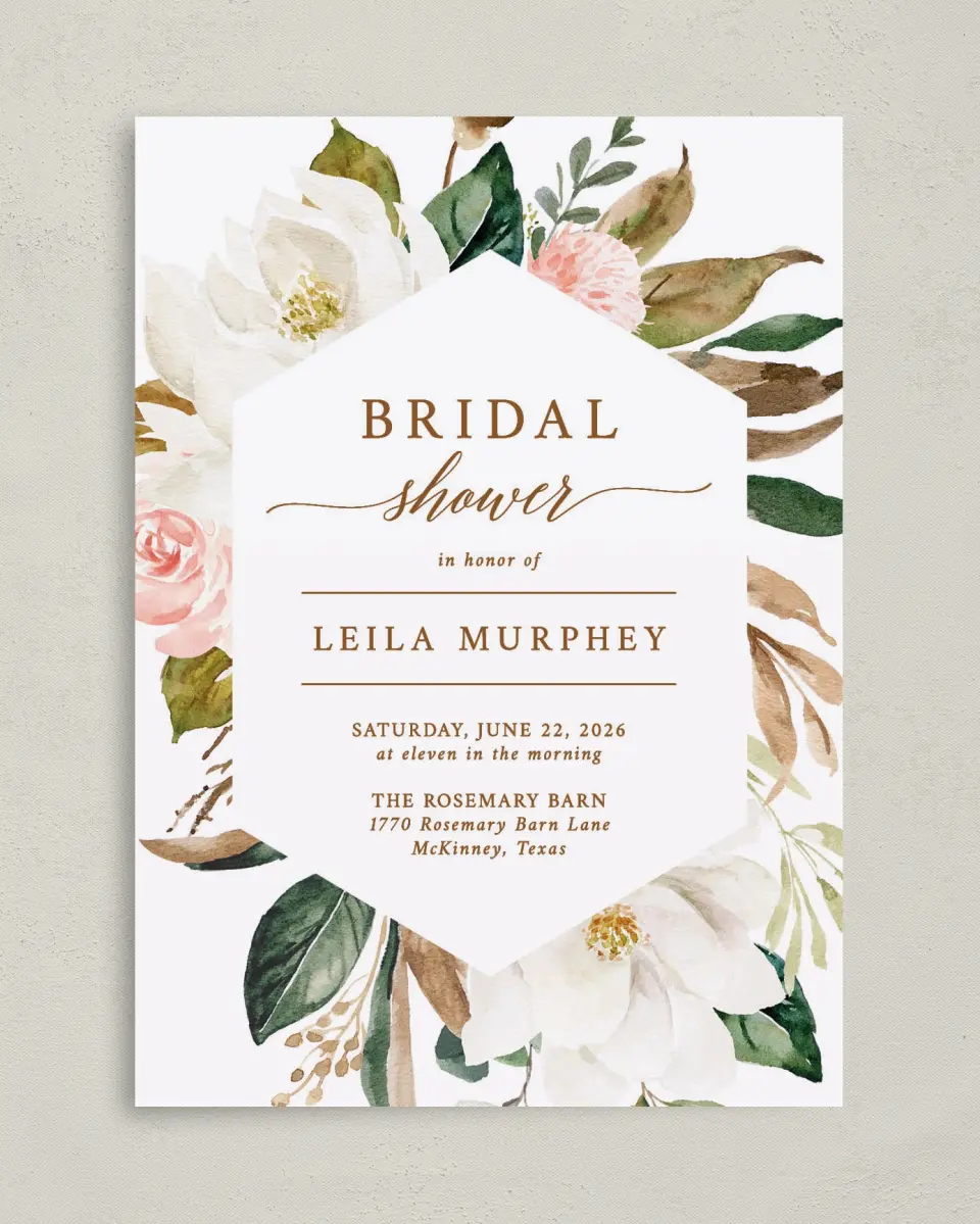 This is a 5" x 7" Bridal Shower Invitation called Lovely Magnolia printed in full color on Premium Smooth paper