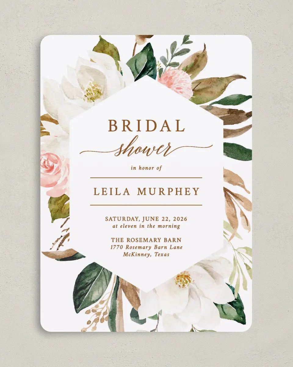 This is a 5" x 7" Bridal Shower Invitation called Lovely Magnolia printed in full color on Premium Smooth paper
