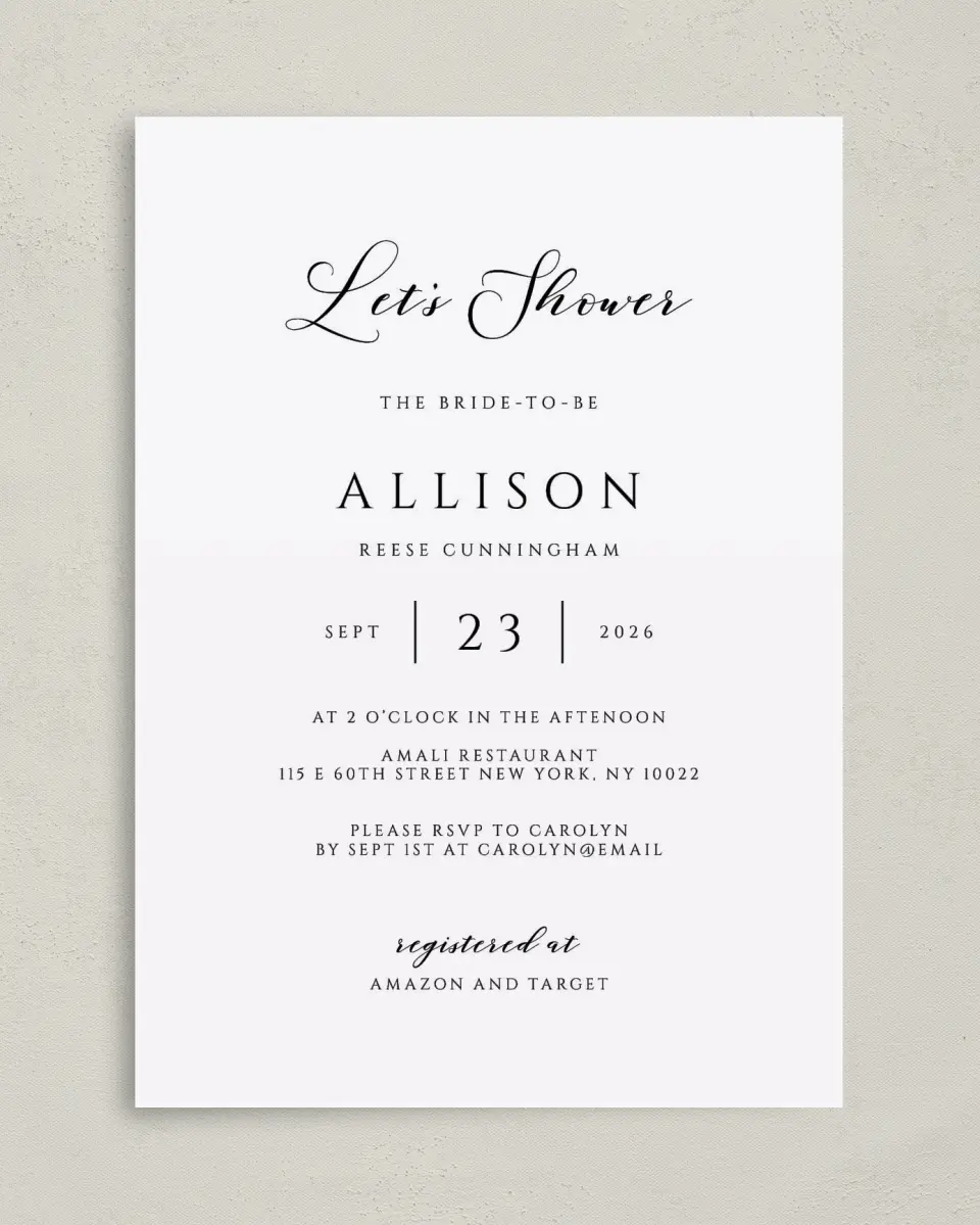 This is a 5" x 7" Bridal Shower Invitation called Timeless Bride printed in full color on Premium Smooth paper