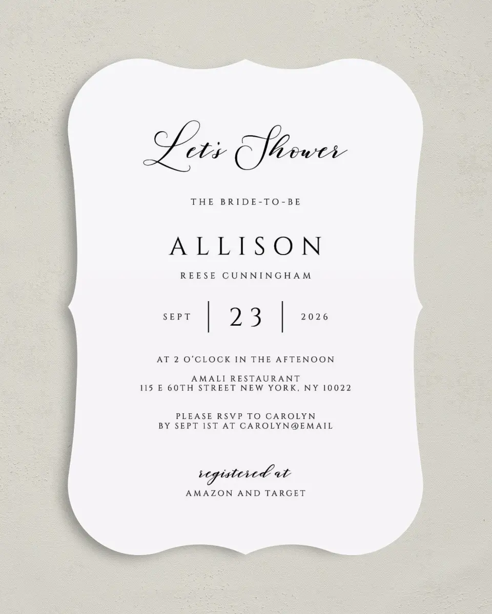 This is a 5" x 7" Bridal Shower Invitation called Timeless Bride printed in full color on Premium Smooth paper