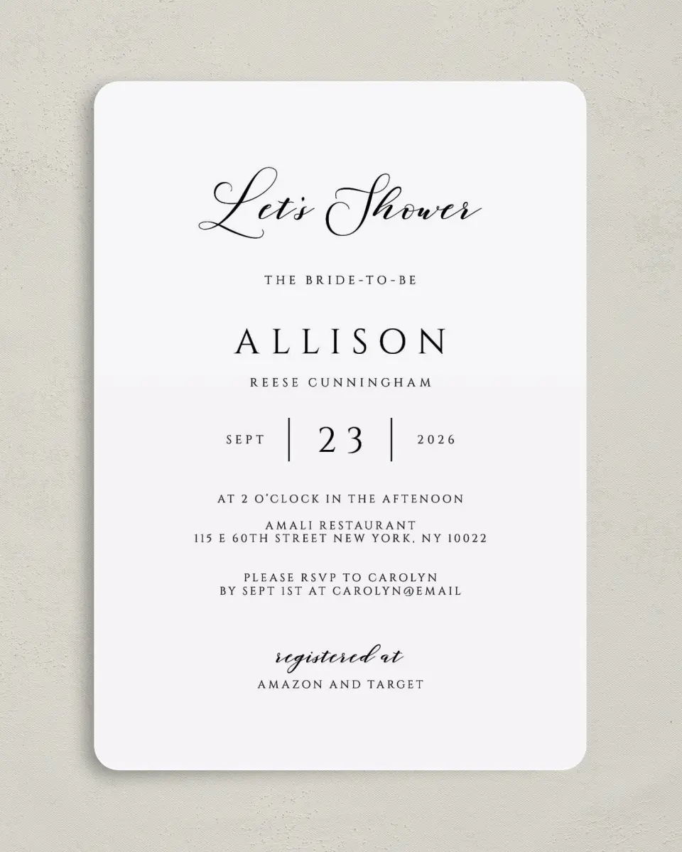 This is a 5" x 7" Bridal Shower Invitation called Timeless Bride printed in full color on Premium Smooth paper