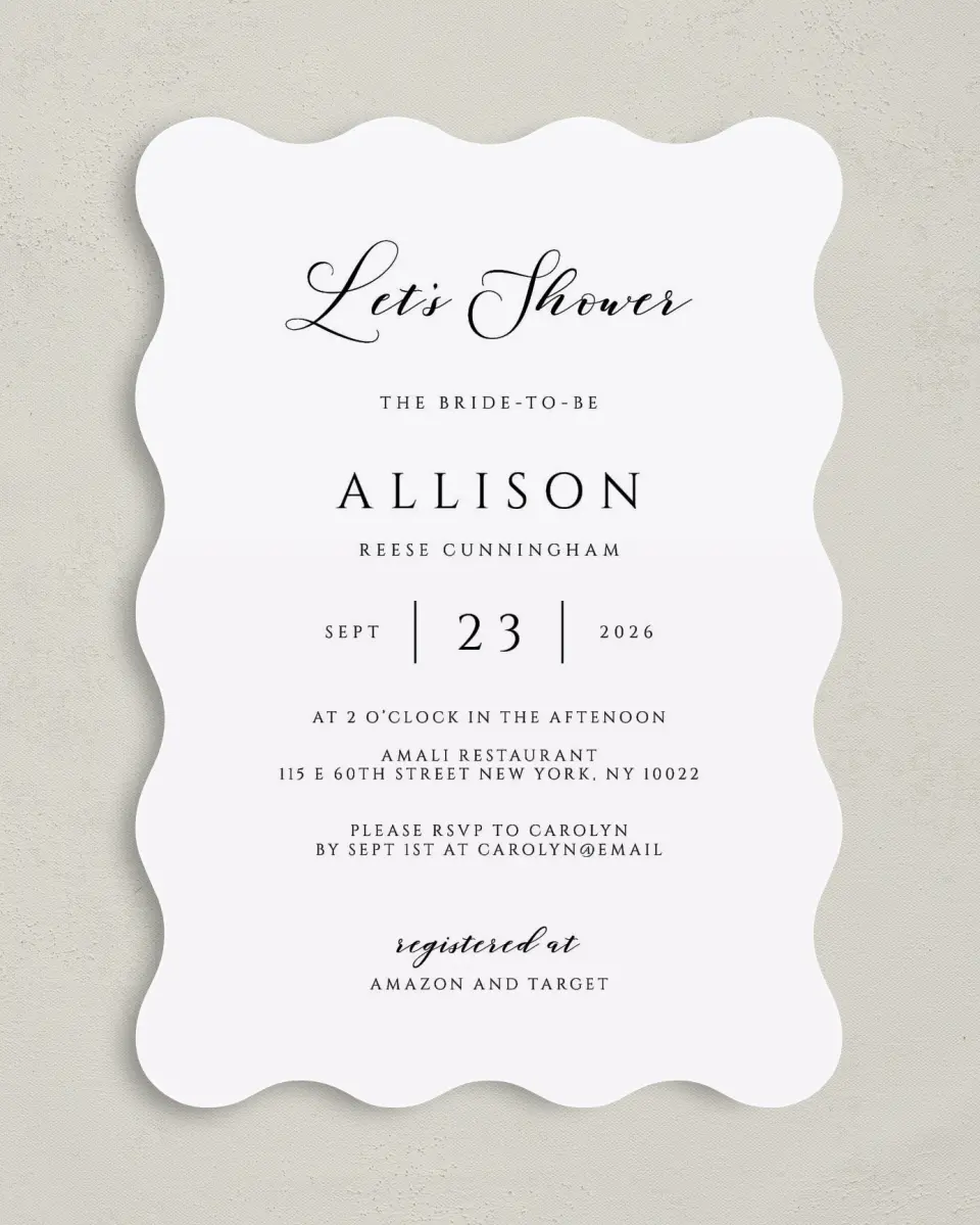 This is a 5" x 7" Bridal Shower Invitation called Timeless Bride printed in full color with Gold foil on Luxe Satin (coated) paper