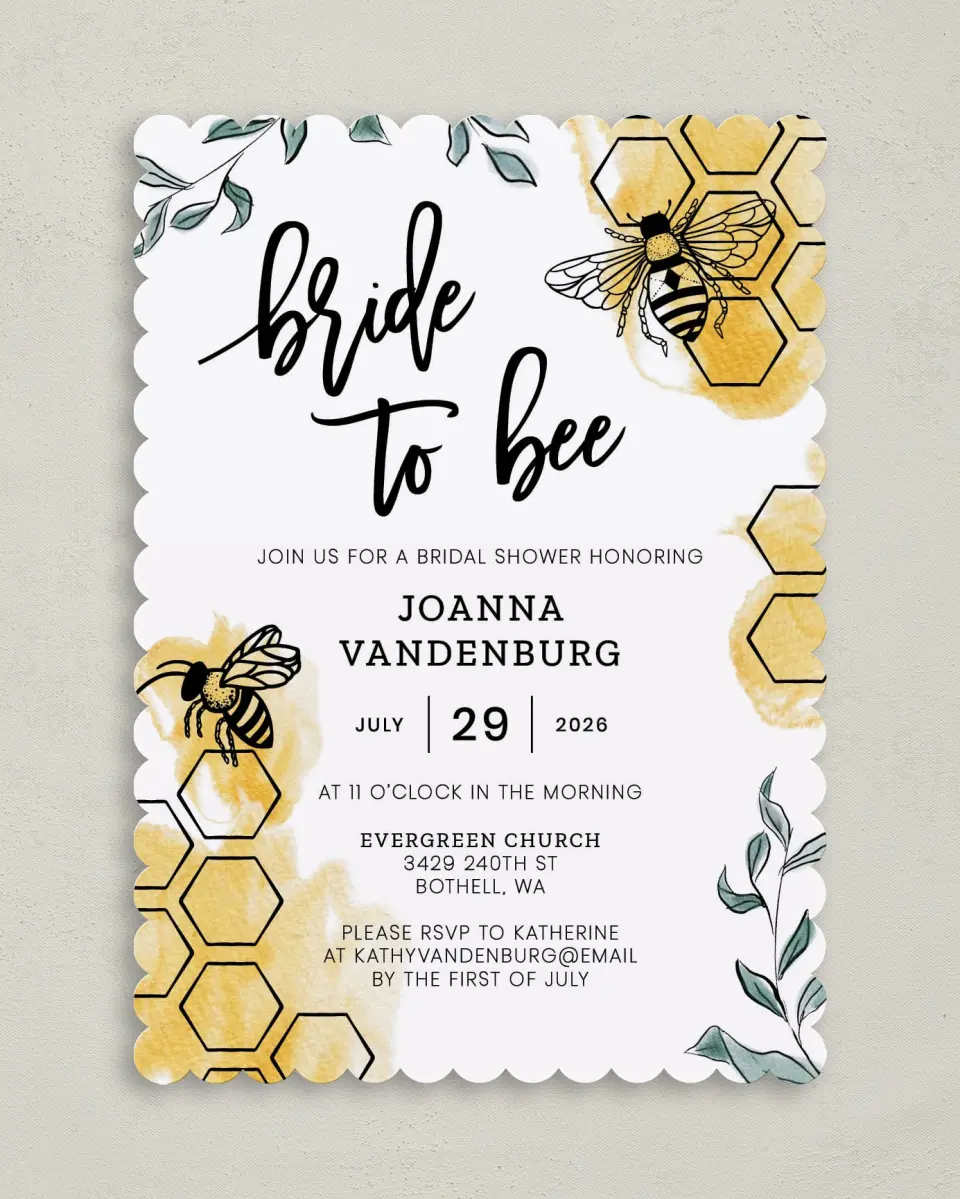 This is a 5" x 7" Bridal Shower Invitation called Bride to Bee printed in full color on Premium Smooth paper