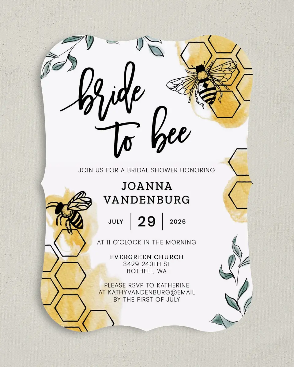 This is a 5" x 7" Bridal Shower Invitation called Bride to Bee printed in full color on Premium Smooth paper