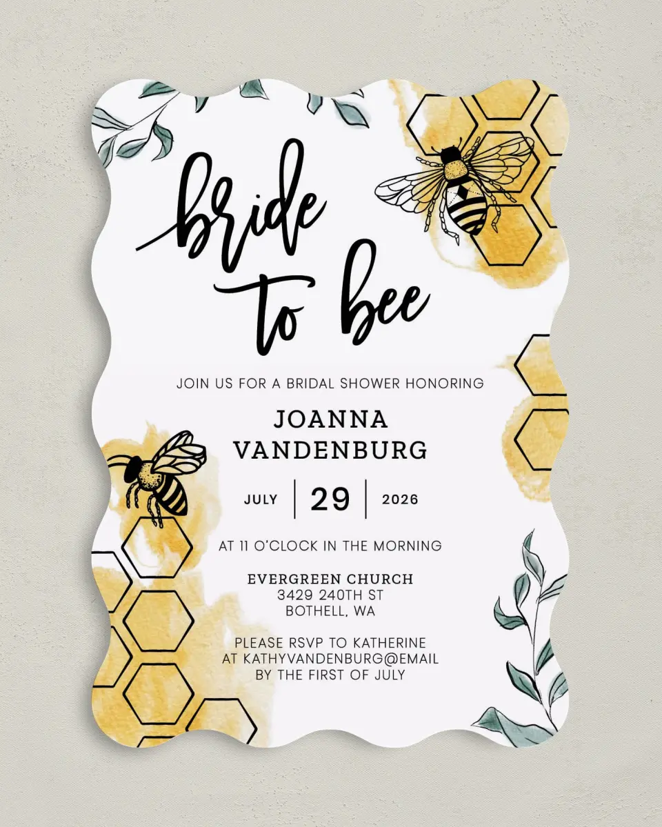 This is a 5" x 7" Bridal Shower Invitation called Bride to Bee printed in full color on Premium Smooth paper