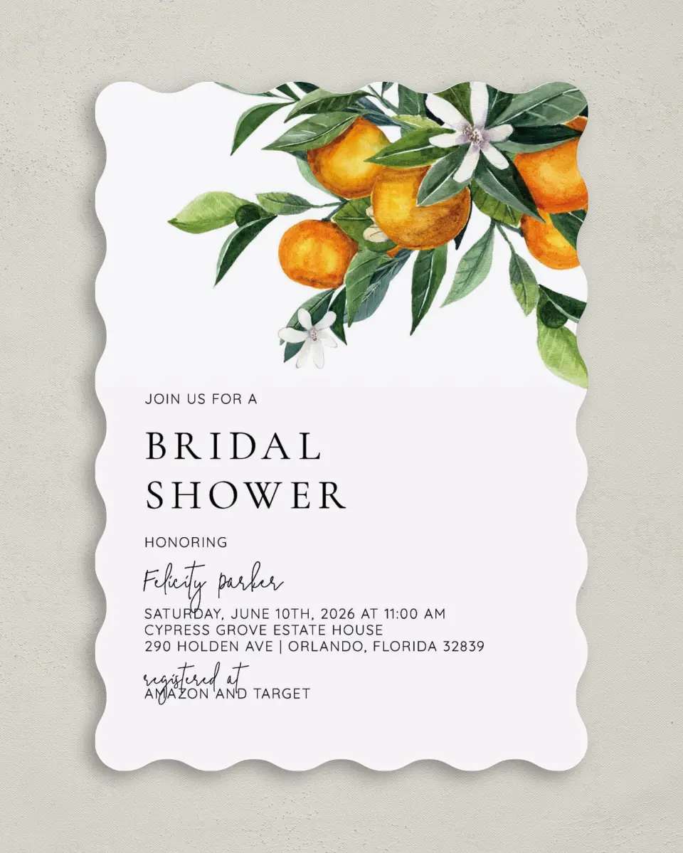 This is a 5" x 7" Bridal Shower Invitation called Citrus Shower printed in full color with Rose Gold foil on Luxe Satin (coated) paper