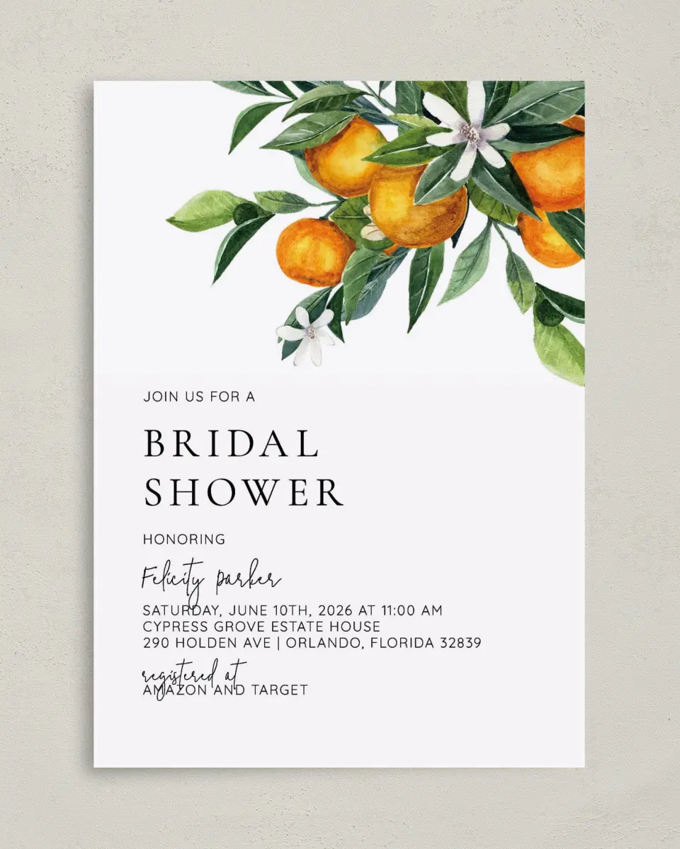 This is a 5" x 7" Bridal Shower Invitation called Citrus Shower printed in full color with Rose Gold foil on Luxe Satin (coated) paper