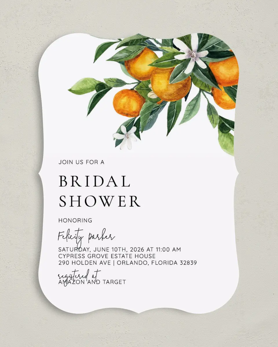 This is a 5" x 7" Bridal Shower Invitation called Citrus Shower printed in full color on Premium Smooth paper