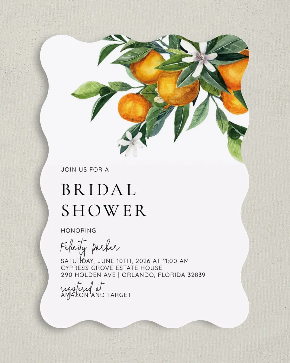 This is a 5" x 7" Bridal Shower Invitation called Citrus Shower printed in full color on Premium Smooth paper