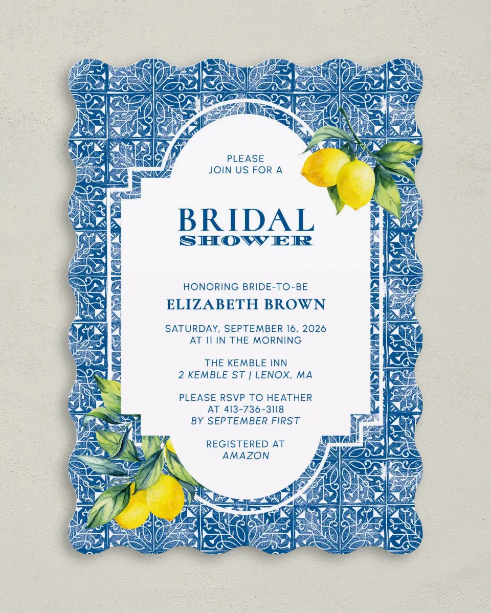 This is a 5" x 7" Bridal Shower Invitation called Tiled Lemon printed in full color with Rose Gold foil on Luxe Satin (coated) paper