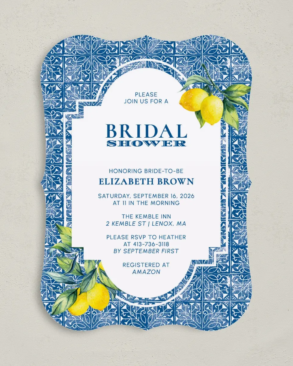 This is a 5" x 7" Bridal Shower Invitation called Tiled Lemon printed in full color on Premium Smooth paper
