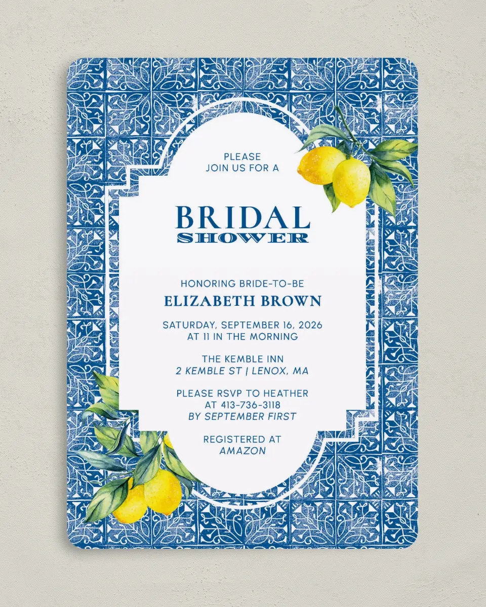 This is a 5" x 7" Bridal Shower Invitation called Tiled Lemon printed in full color on Premium Smooth paper