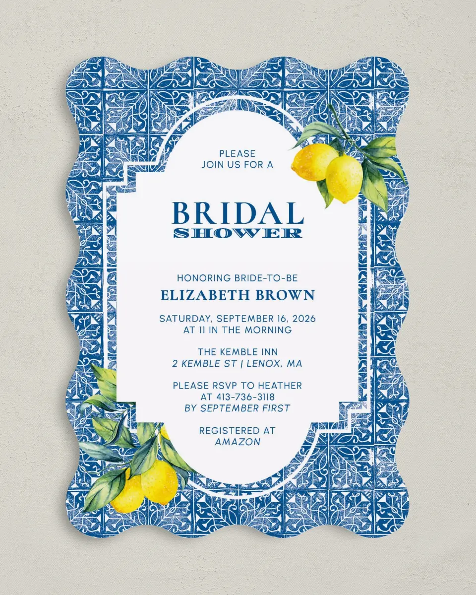 This is a 5" x 7" Bridal Shower Invitation called Tiled Lemon printed in full color with Gold foil on Luxe Satin (coated) paper