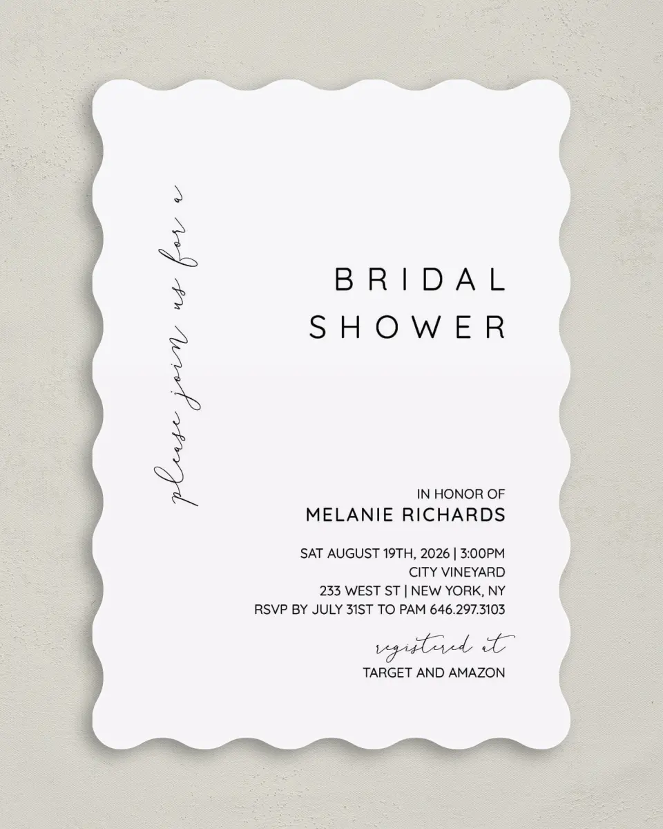 This is a 5" x 7" Bridal Shower Invitation called Simple Soiree printed in full color with Rose Gold foil on Luxe Satin (coated) paper