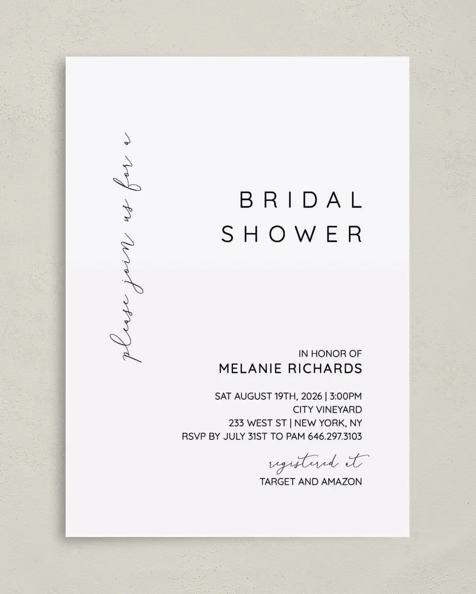 This is a 5" x 7" Bridal Shower Invitation called Simple Soiree printed in full color on Premium Smooth paper