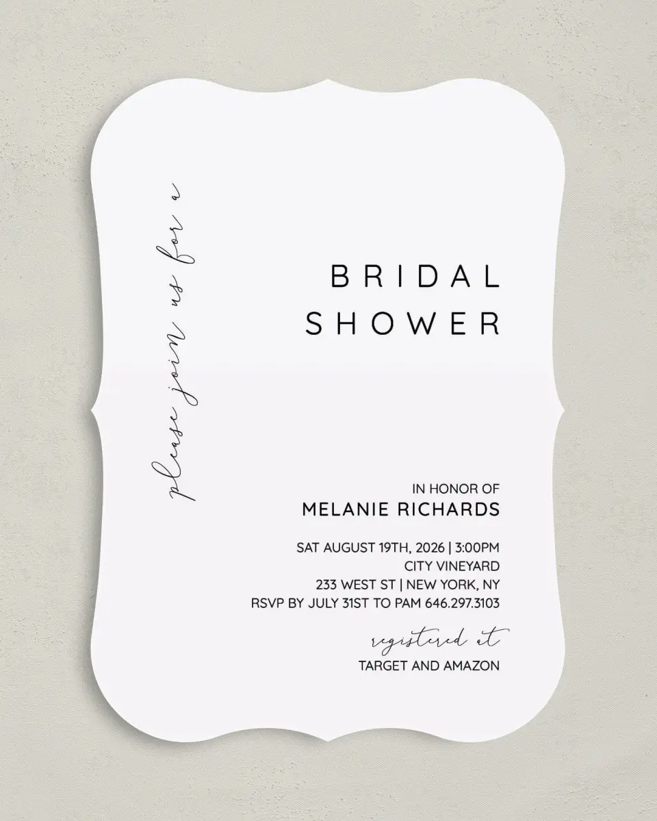 This is a 5" x 7" Bridal Shower Invitation called Simple Soiree printed in full color with Gold foil on Luxe Satin (coated) paper
