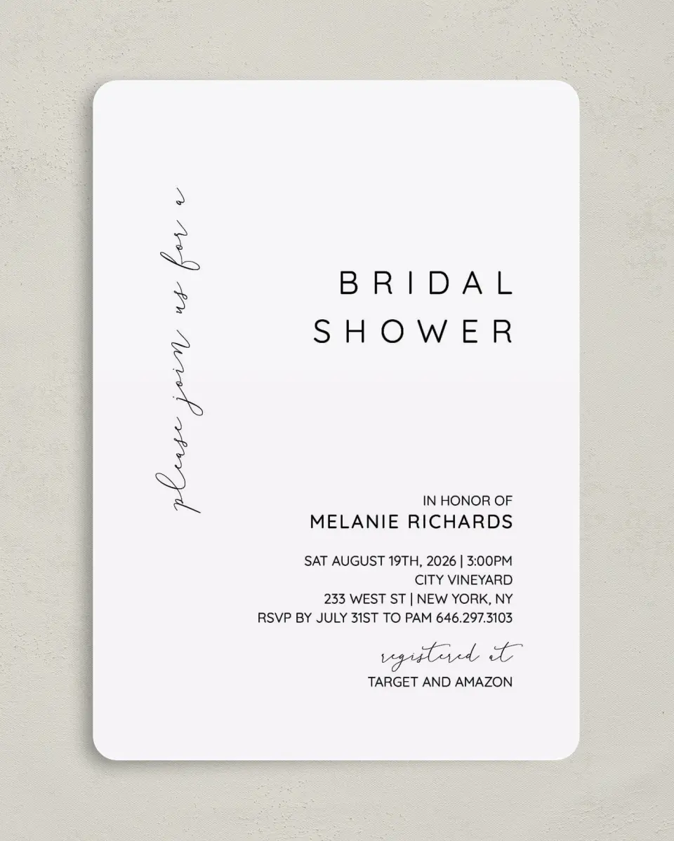 This is a 5" x 7" Bridal Shower Invitation called Simple Soiree printed in full color with Gold foil on Luxe Satin (coated) paper
