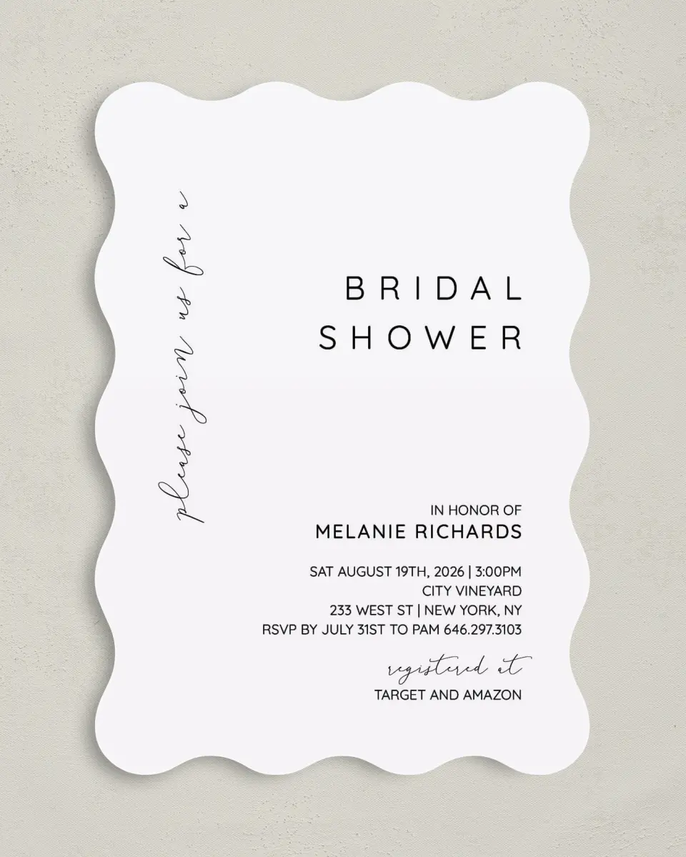 This is a 5" x 7" Bridal Shower Invitation called Simple Soiree printed in full color with Silver foil on Luxe Satin (coated) paper