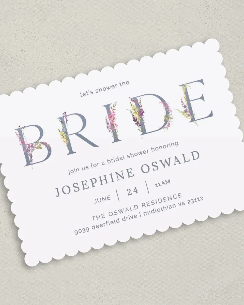 This is a 5" x 7" Bridal Shower Invitation called Bride Florals printed in full color with Silver foil on Luxe Satin (coated) paper