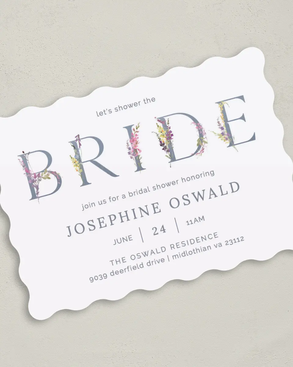 This is a 5" x 7" Bridal Shower Invitation called Bride Florals printed in full color with Rose Gold foil on Luxe Satin (coated) paper