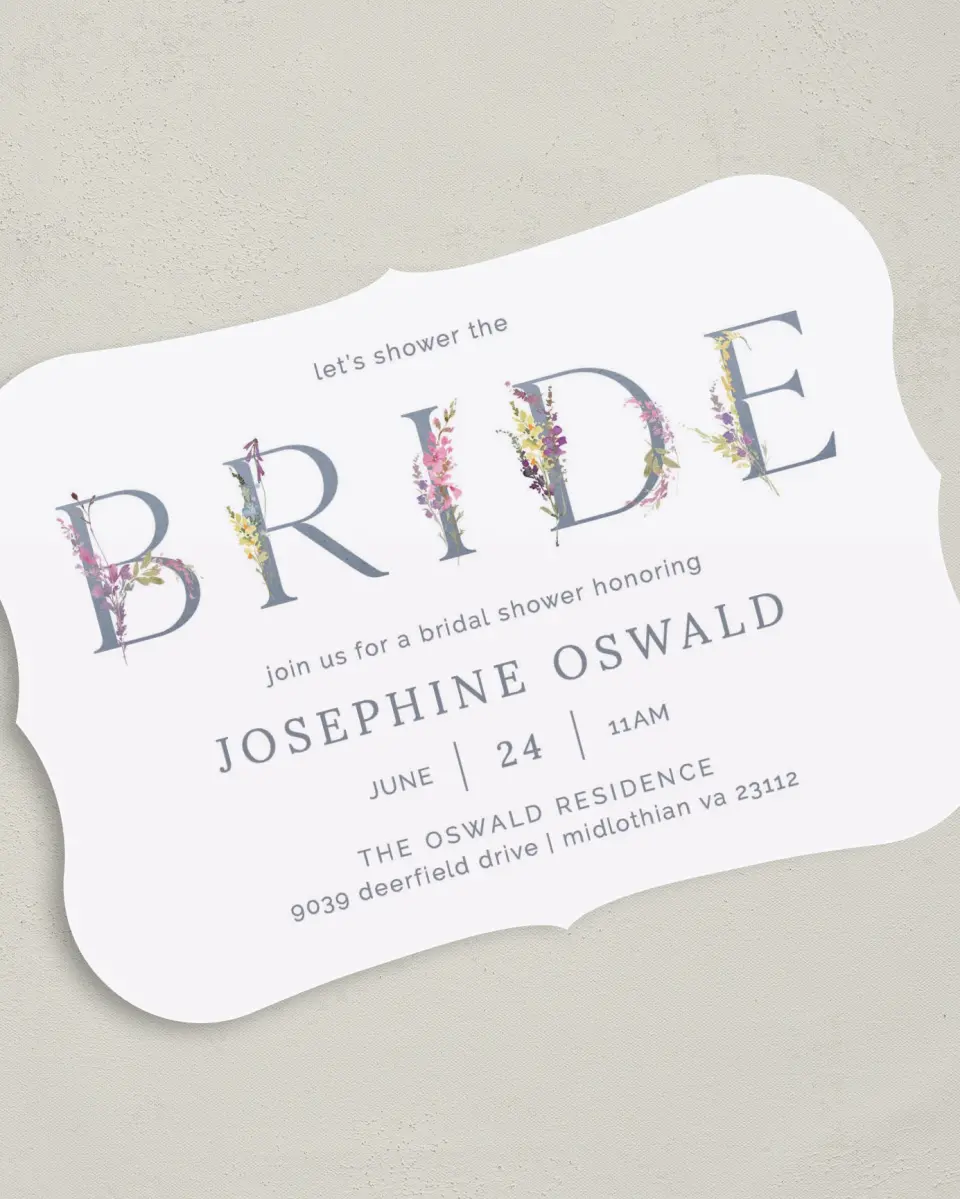 This is a 5" x 7" Bridal Shower Invitation called Bride Florals printed in full color on Premium Smooth paper