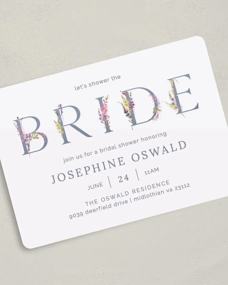 This is a 5" x 7" Bridal Shower Invitation called Bride Florals printed in full color on Premium Smooth paper