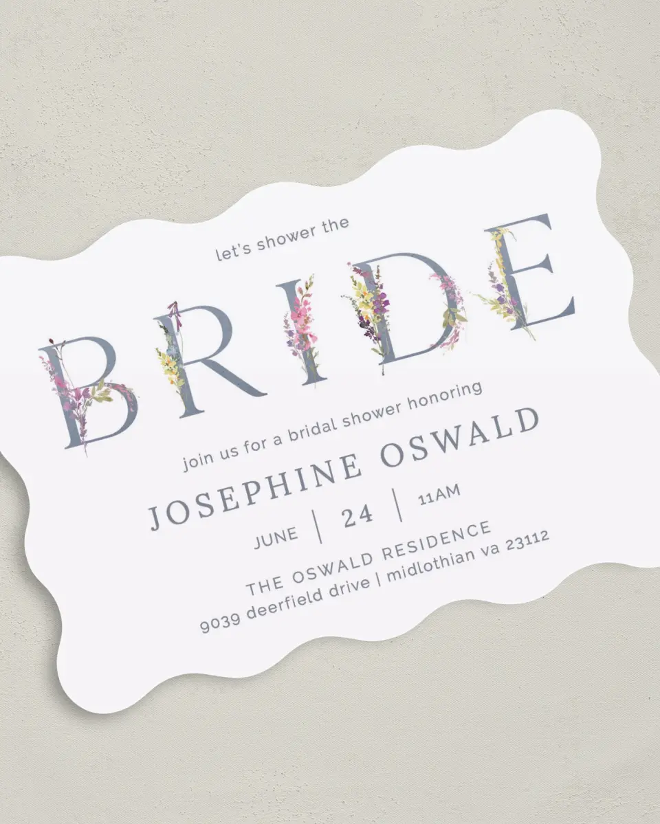 This is a 5" x 7" Bridal Shower Invitation called Bride Florals printed in full color on Premium Smooth paper