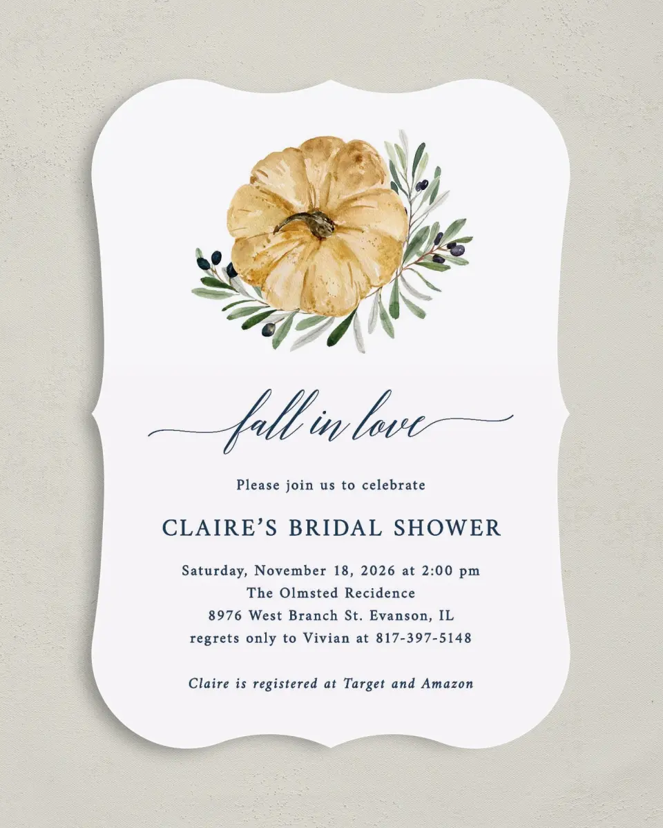 This is a 5" x 7" Bridal Shower Invitation called Fall Floral printed in full color on Premium Smooth paper