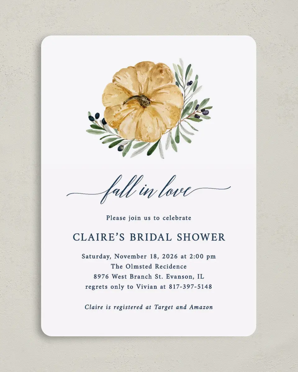 This is a 5" x 7" Bridal Shower Invitation called Fall Floral printed in full color on Premium Smooth paper