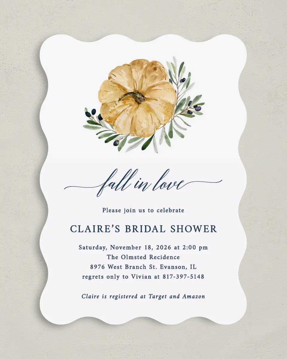 This is a 5" x 7" Bridal Shower Invitation called Fall Floral printed in full color on Premium Smooth paper