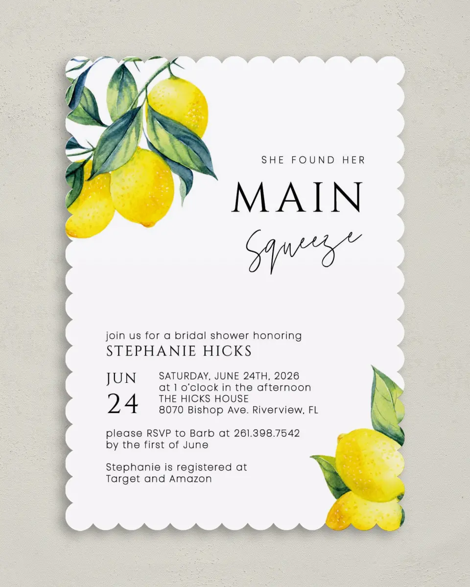 This is a 5" x 7" Bridal Shower Invitation called Main Squeeze printed in full color with Rose Gold foil on Luxe Satin (coated) paper