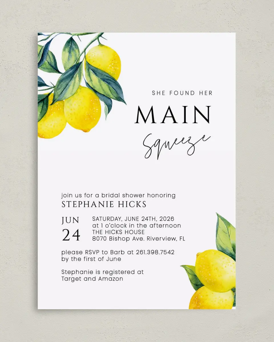 This is a 5" x 7" Bridal Shower Invitation called Main Squeeze printed in full color on Premium Smooth paper