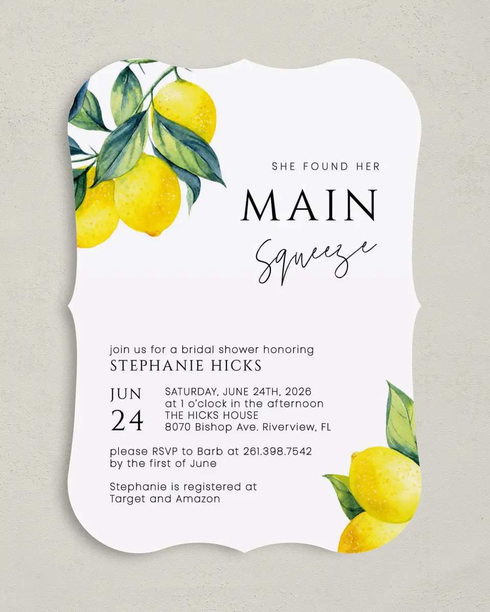 This is a 5" x 7" Bridal Shower Invitation called Main Squeeze printed in full color on Premium Smooth paper