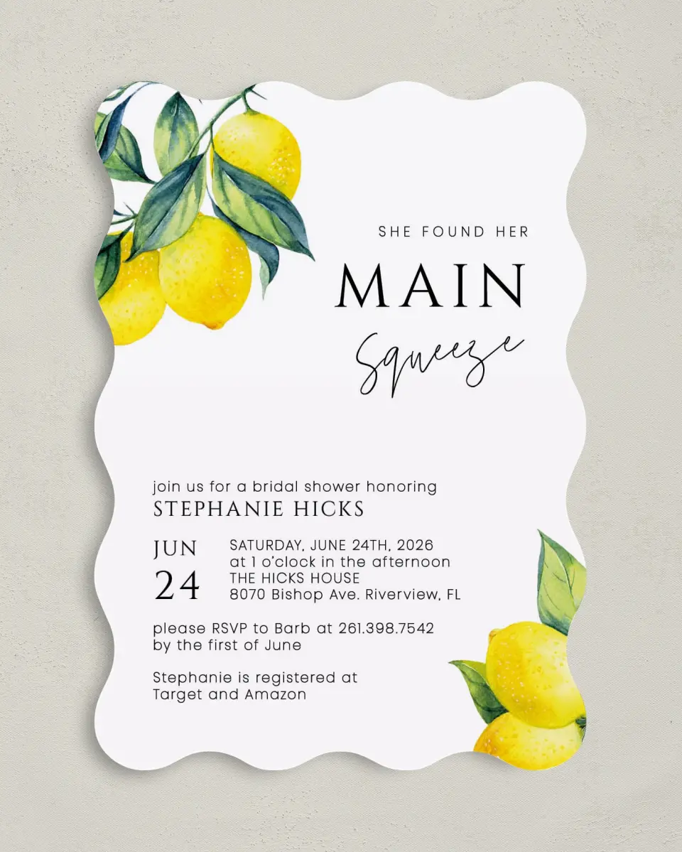 This is a 5" x 7" Bridal Shower Invitation called Main Squeeze printed in full color on Premium Smooth paper