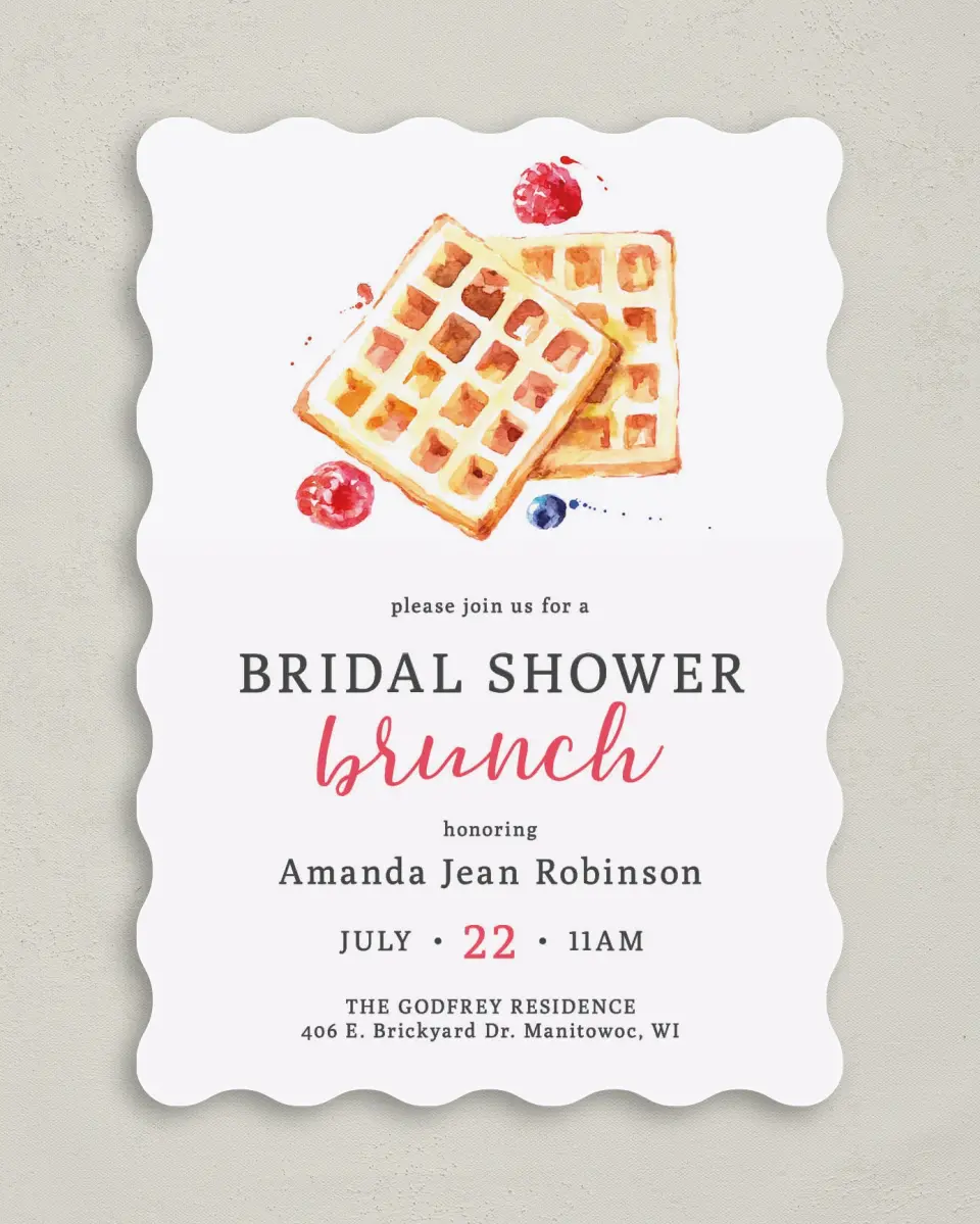This is a 5" x 7" Bridal Shower Invitation called Bridal Brunch printed in full color with Rose Gold foil on Luxe Satin (coated) paper