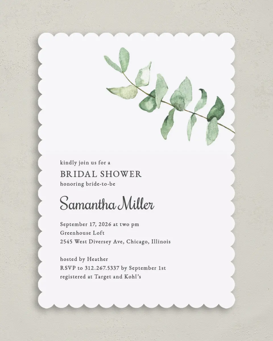This is a 5" x 7" Bridal Shower Invitation called Shower Leaf printed in full color on Premium Smooth paper