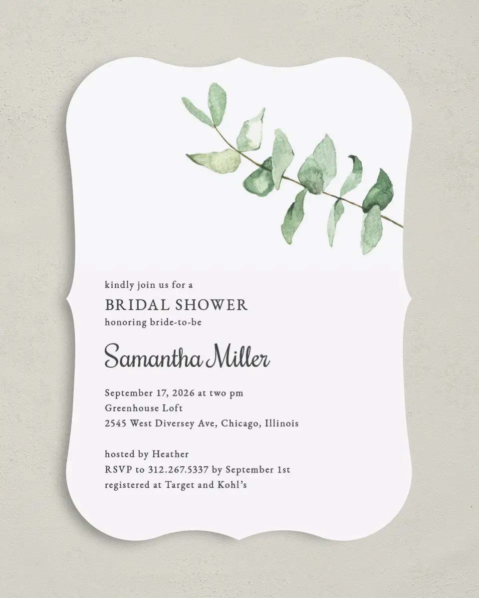 This is a 5" x 7" Bridal Shower Invitation called Shower Leaf printed in full color on Premium Smooth paper