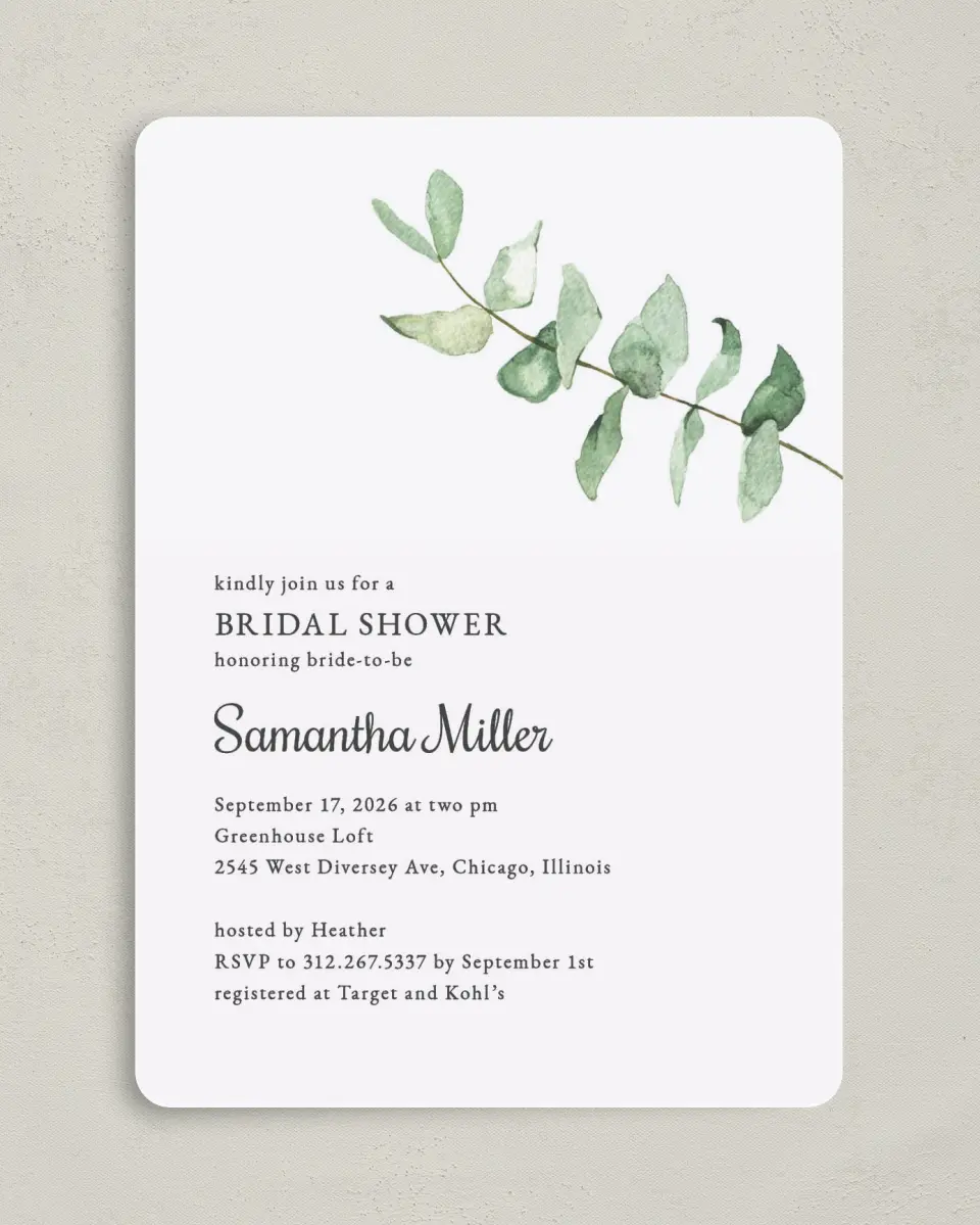 This is a 5" x 7" Bridal Shower Invitation called Shower Leaf printed in full color on Premium Smooth paper