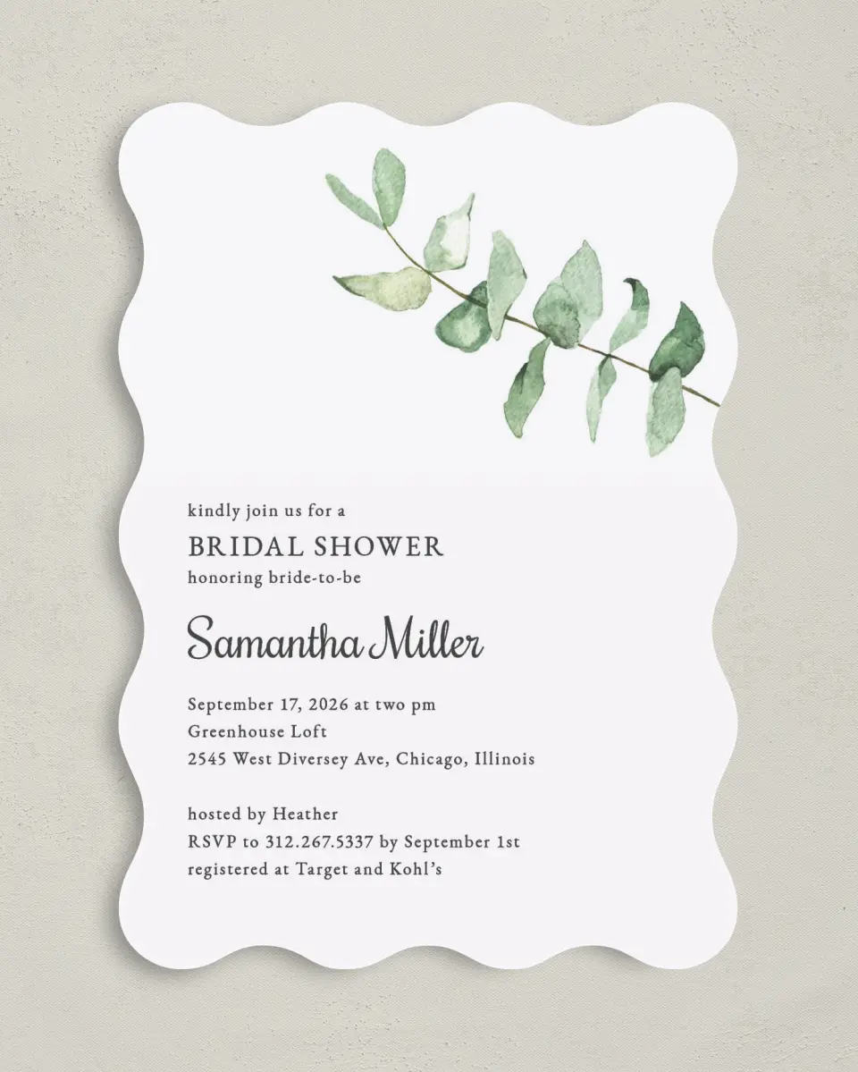 This is a 5" x 7" Bridal Shower Invitation called Shower Leaf printed in full color with Gold foil on Luxe Satin (coated) paper