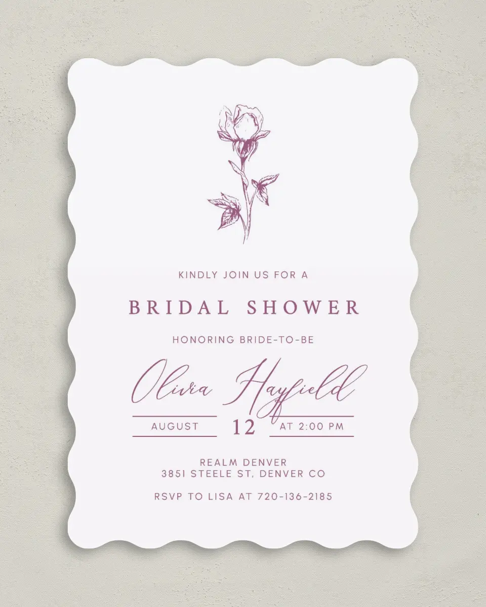 This is a 5" x 7" Bridal Shower Invitation called Softly Stated printed in full color with Rose Gold foil on Luxe Satin (coated) paper