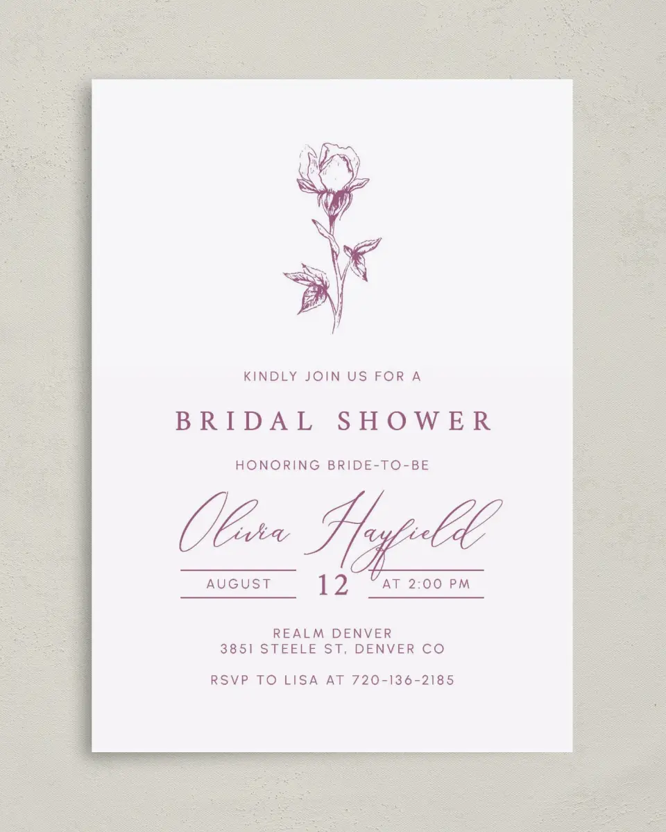 This is a 5" x 7" Bridal Shower Invitation called Softly Stated printed in full color on Premium Smooth paper