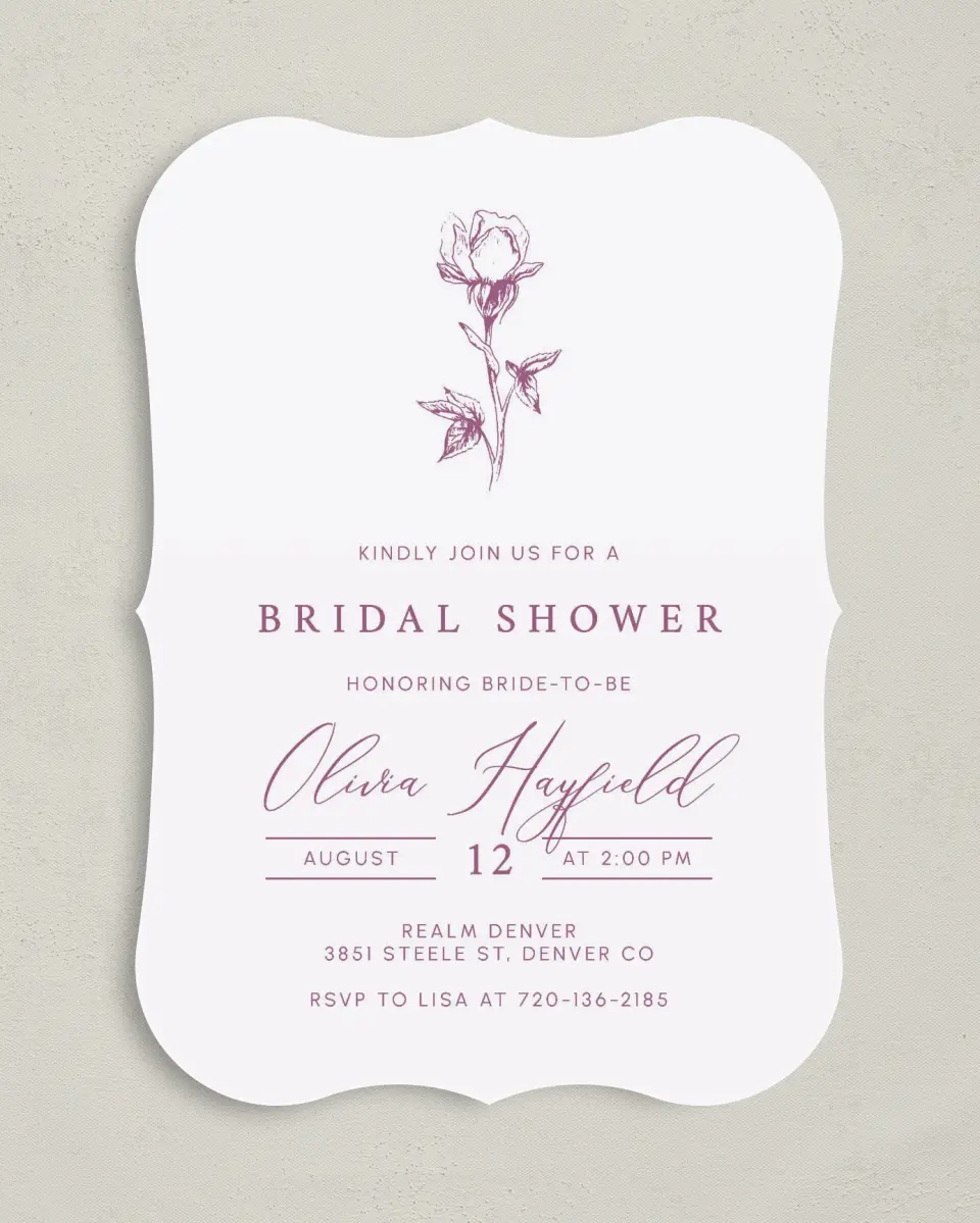 This is a 5" x 7" Bridal Shower Invitation called Softly Stated printed in full color with Silver foil on Luxe Satin (coated) paper