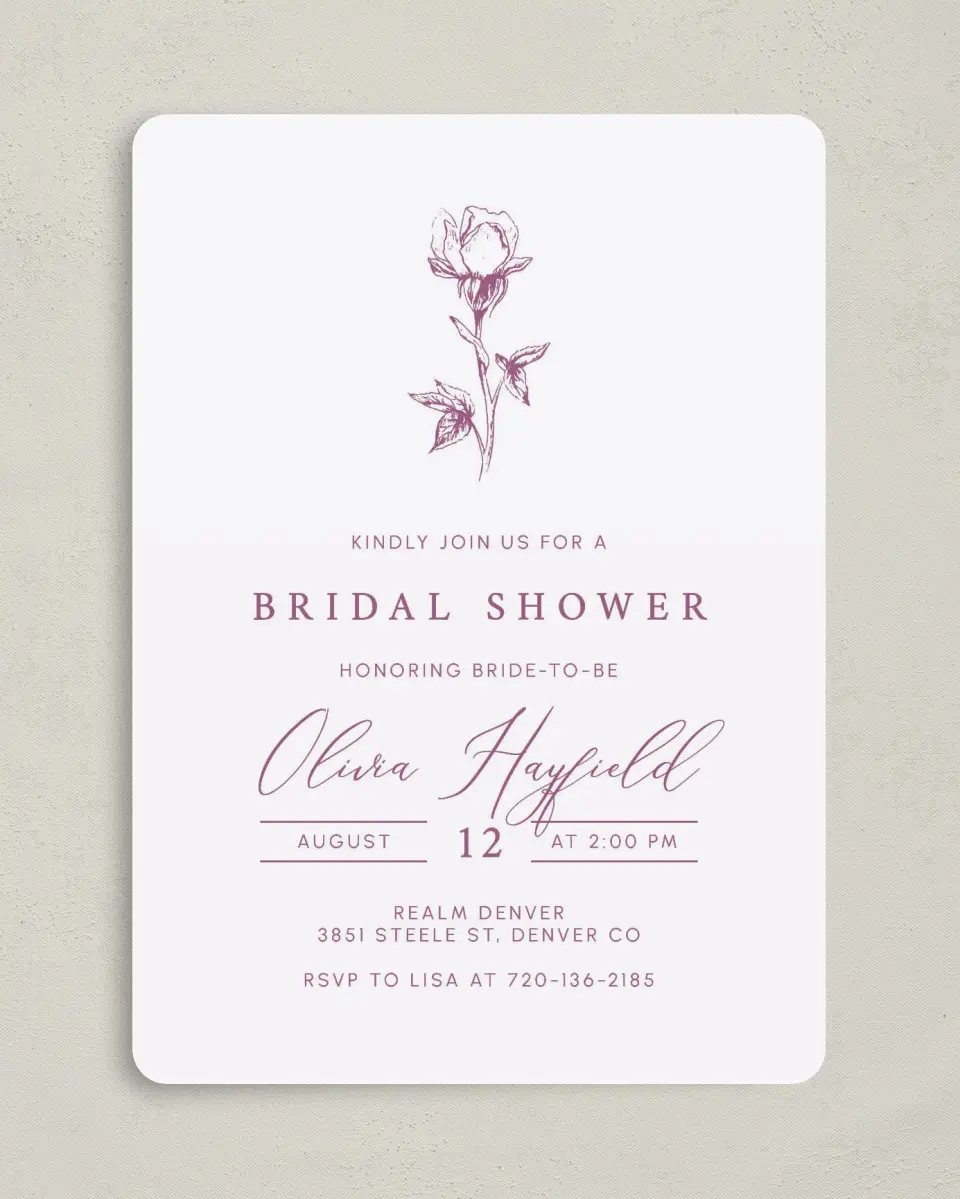 This is a 5" x 7" Bridal Shower Invitation called Softly Stated printed in full color on Premium Smooth paper