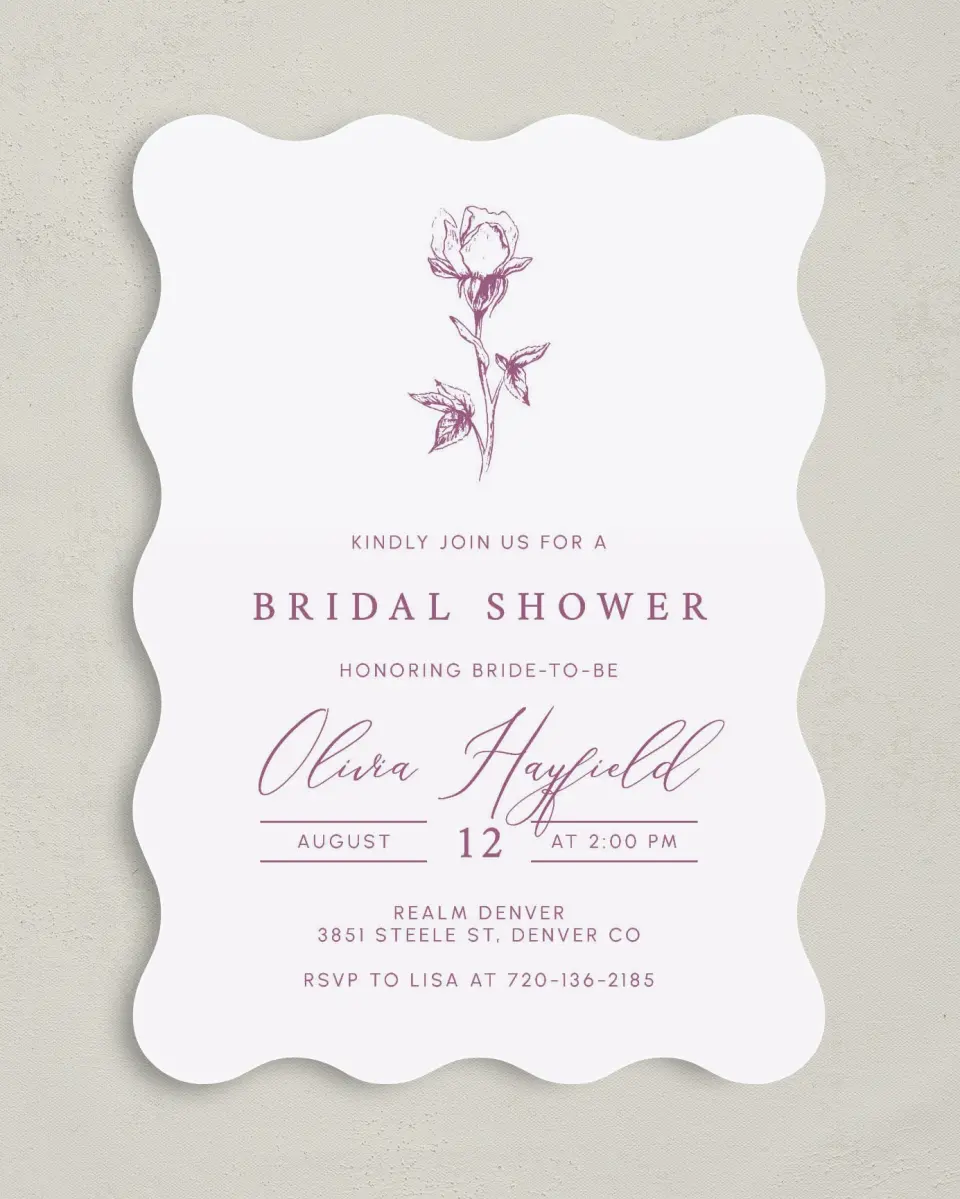 This is a 5" x 7" Bridal Shower Invitation called Softly Stated printed in full color on Premium Smooth paper