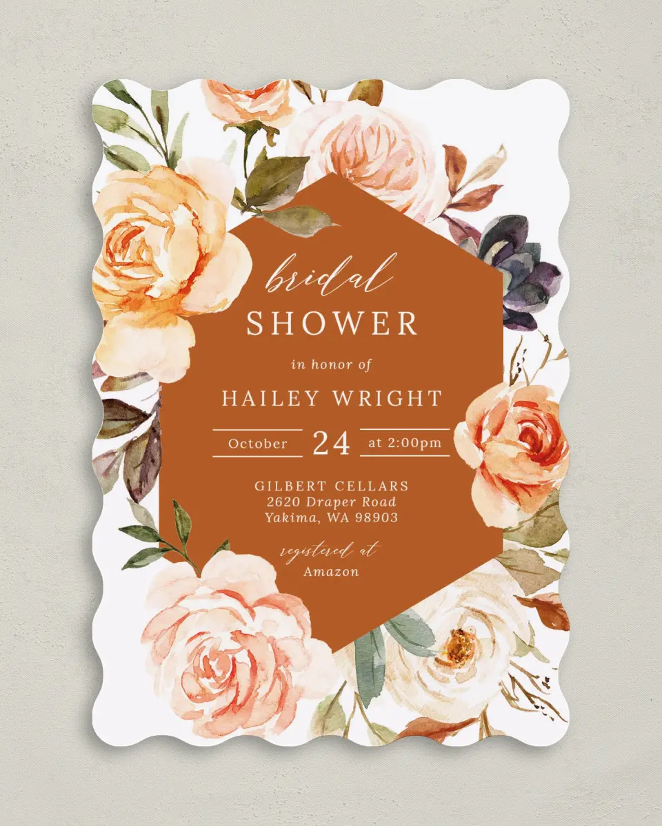 This is a 5" x 7" Bridal Shower Invitation called Floral Fantasy printed in full color with Rose Gold foil on Luxe Satin (coated) paper